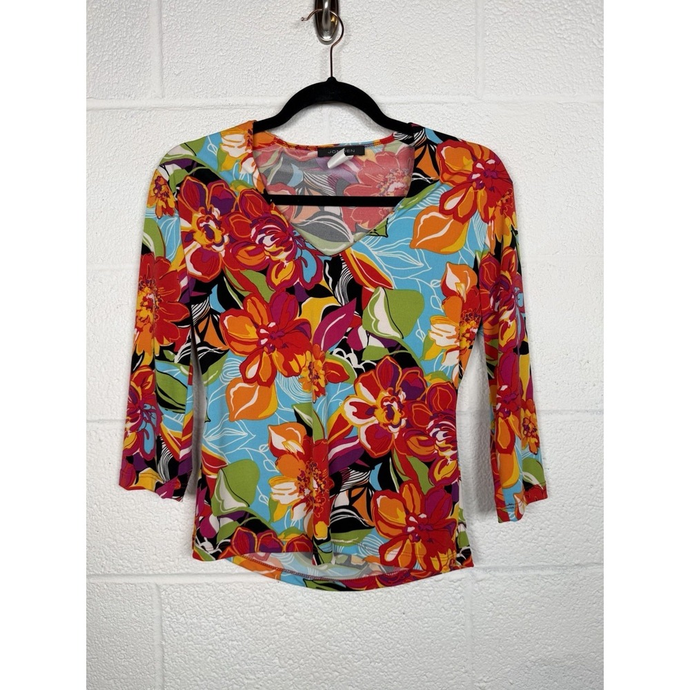 Vtg  Y2K Jonden S Bright Floral Top Dopamine Dressing Tropical Stretch USA